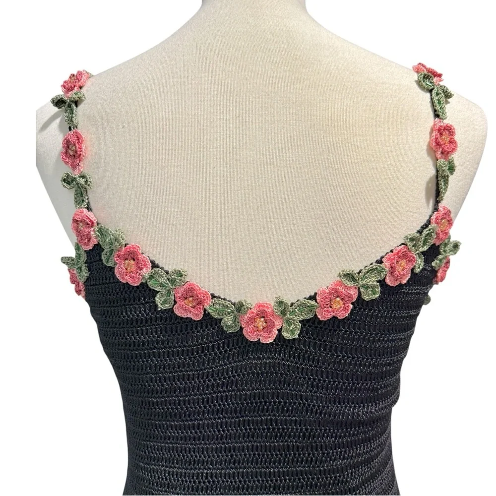 Y2K Black Crochet Floral Dress by Cachet - Size S - Picture 10 of 13